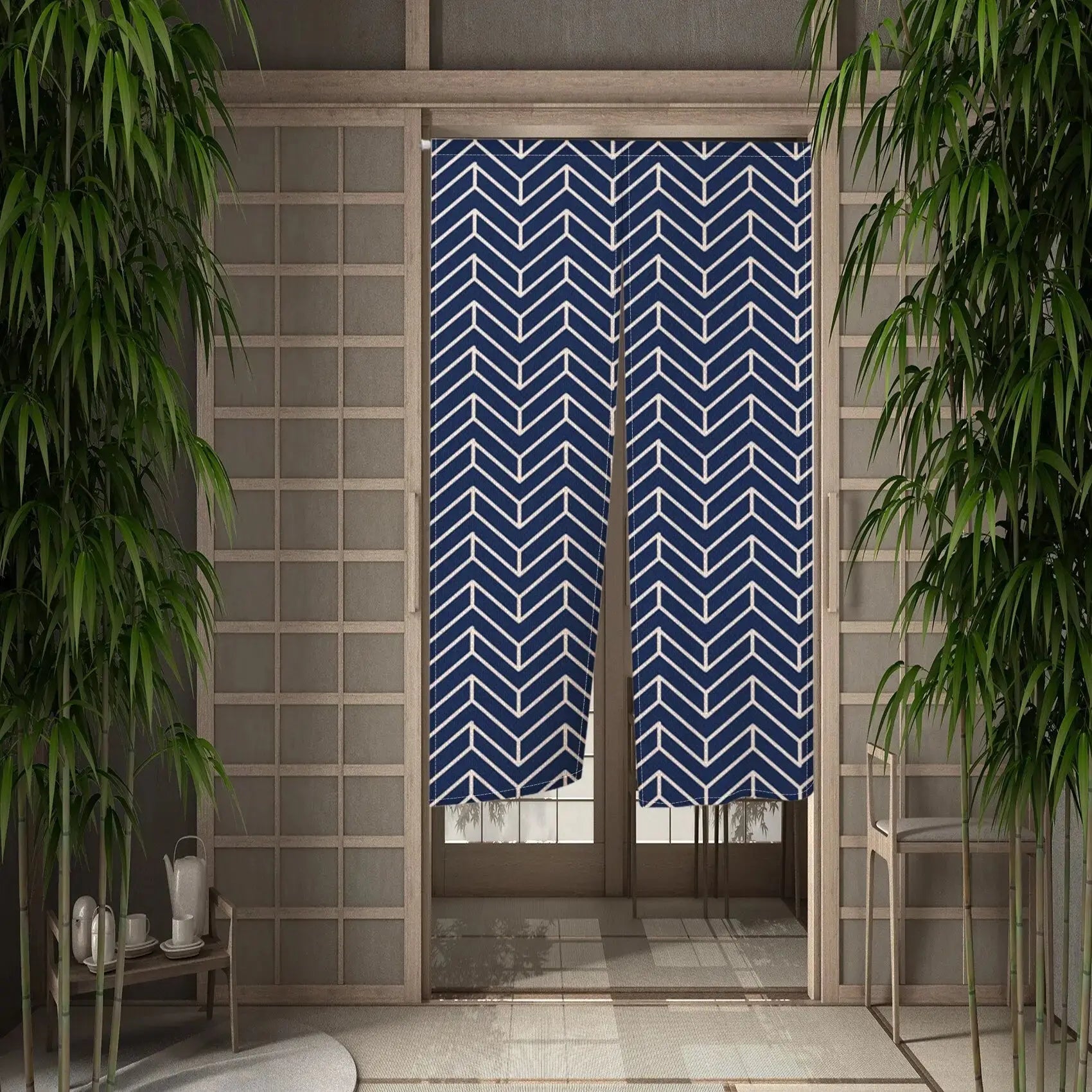 Noren japonais Mizu à motif yagasuri (chevrons plumes de flèche) marine et blanc — vue principale tendue à plat — Japanstreet