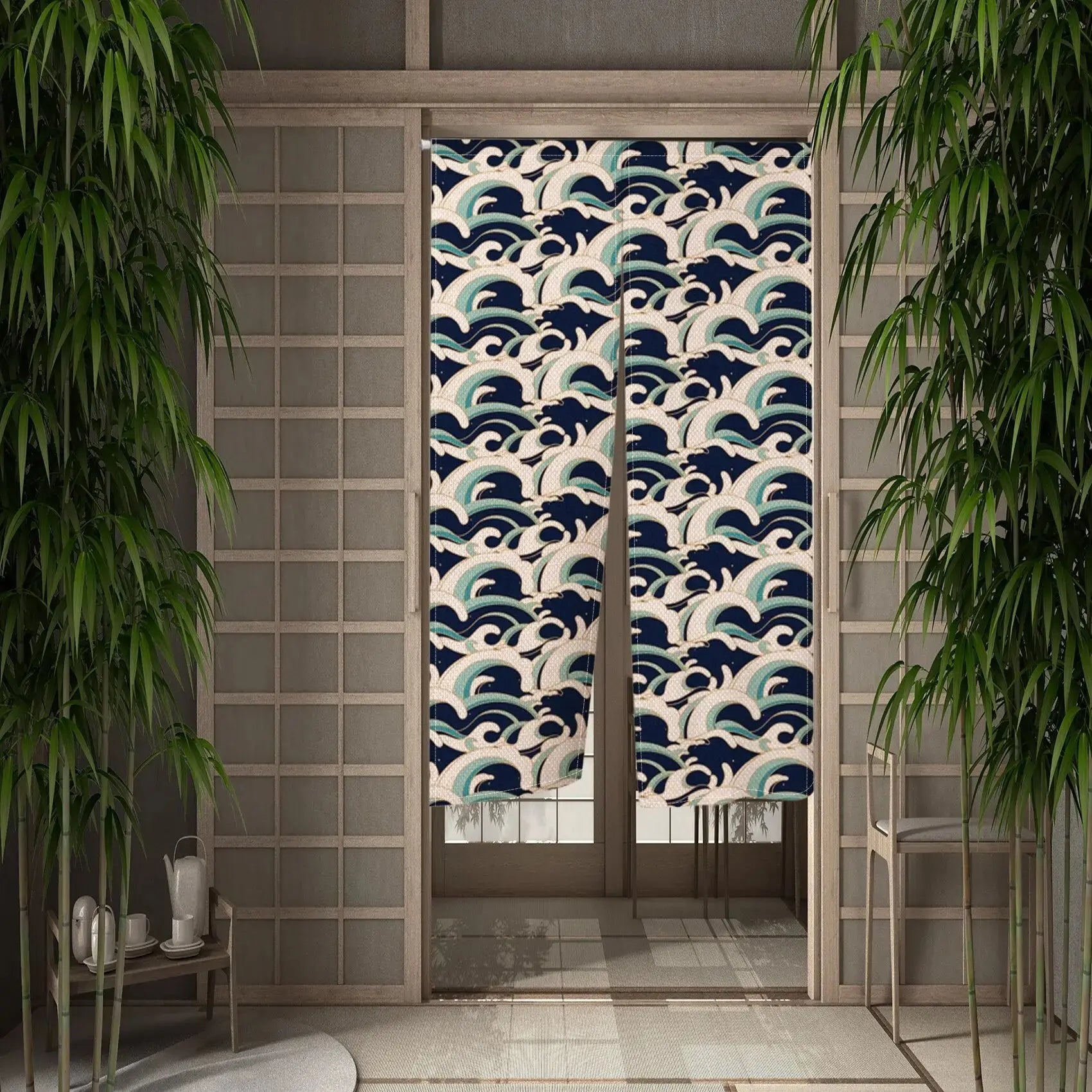 Noren japonais Okodara à vagues écumantes marine turquoise et beige rosé — vue principale tendue à plat — Japanstreet