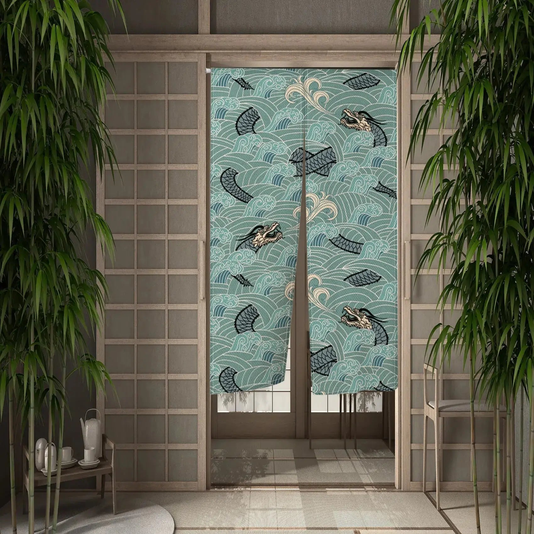 Noren japonais Ryū-jin à dragons d'eau et vagues sur fond turquoise lumineux — vue principale tendue à plat — Japanstreet