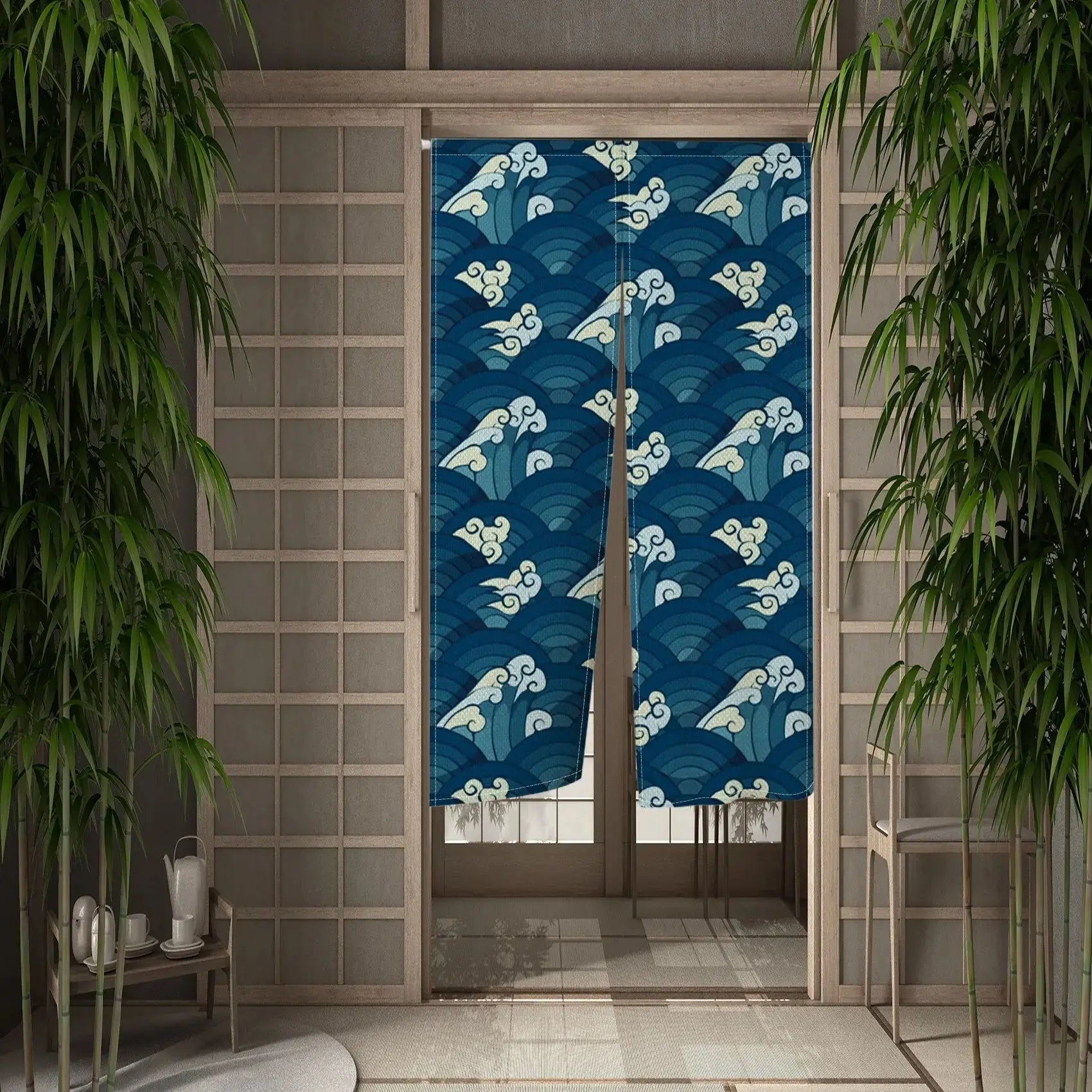 Noren japonais Setoko à seigaiha enrichi de vagues blanches en relief sur fond marine — vue principale tendue à plat — Japans
