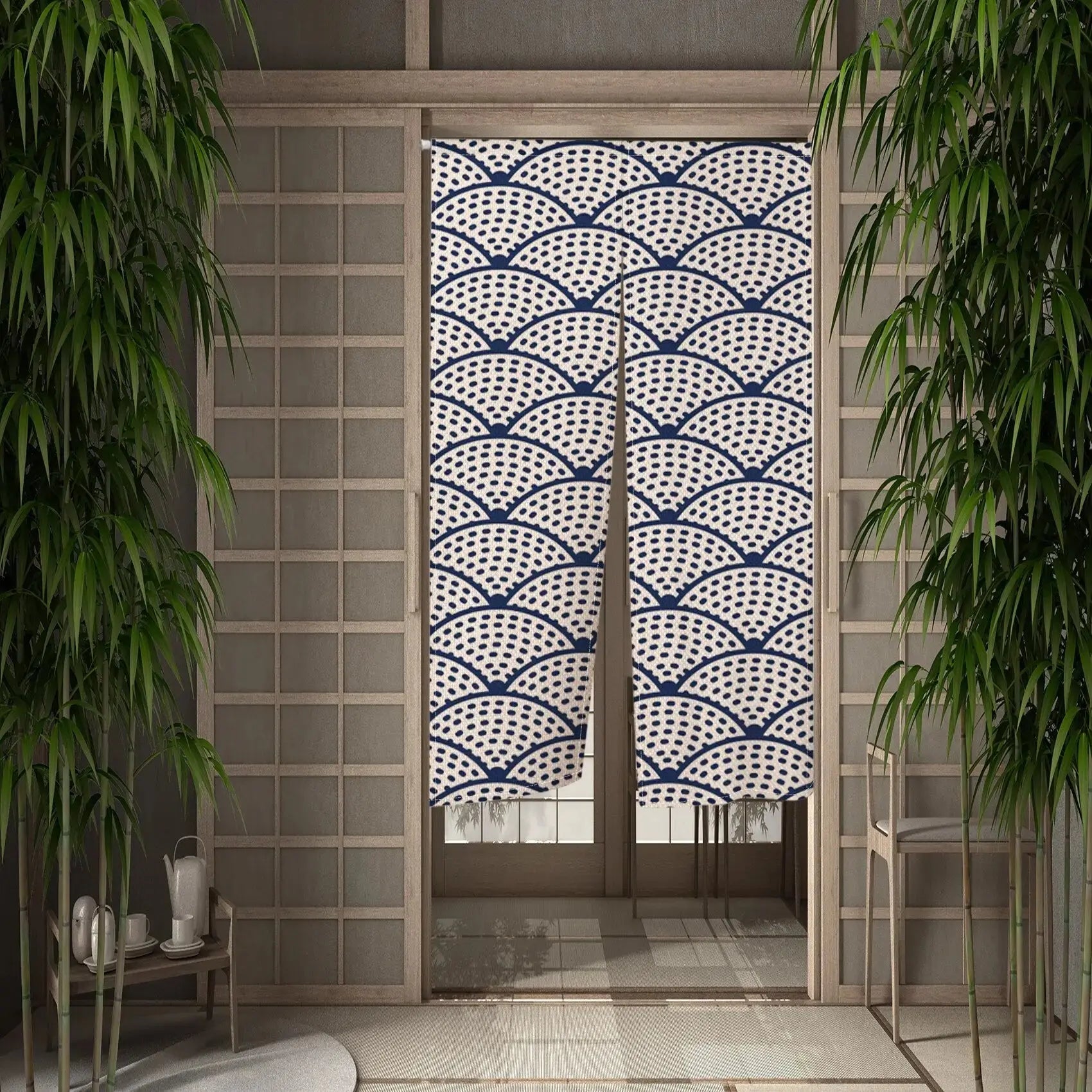 Noren japonais Shima à motif seigaiha (arcs concentriques) marine et blanc pointillé — vue principale tendue à plat — Japanst