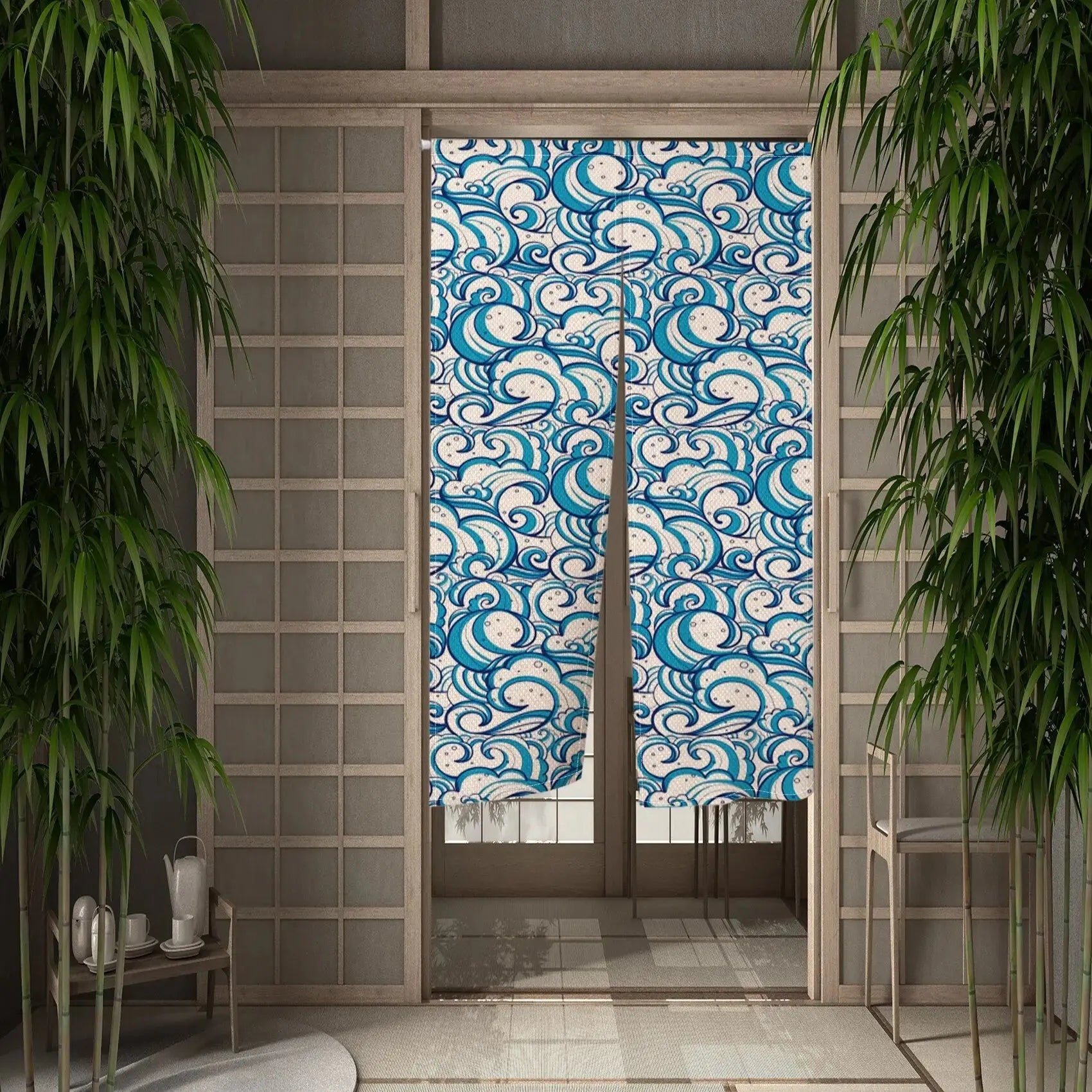 Noren japonais Tenshi à spirales aquatiques cyan et marine sur fond beige — vue principale tendue à plat — Japanstreet