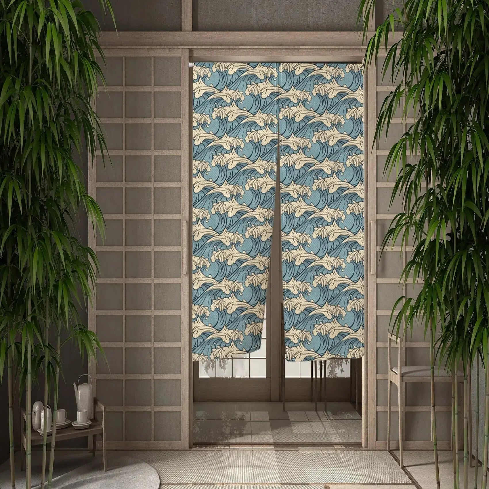 Noren japonais Tomodachi à vagues beige sur fond bleu pâle esprit Taishō — vue principale tendue à plat — Japanstreet