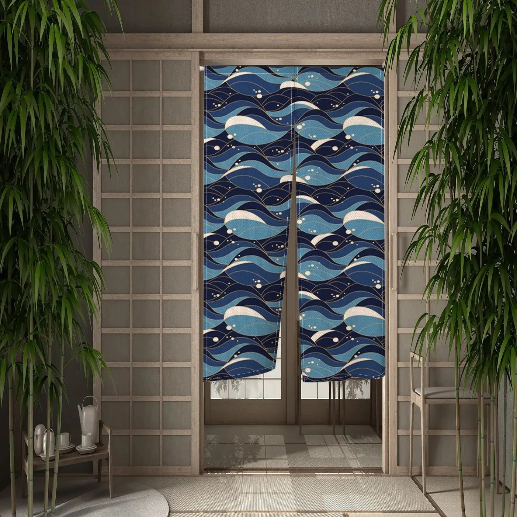 Noren japonais Tsubaki à vagues stylisées horizontales bandes marine et blanc — vue principale tendue à plat — Japanstreet
