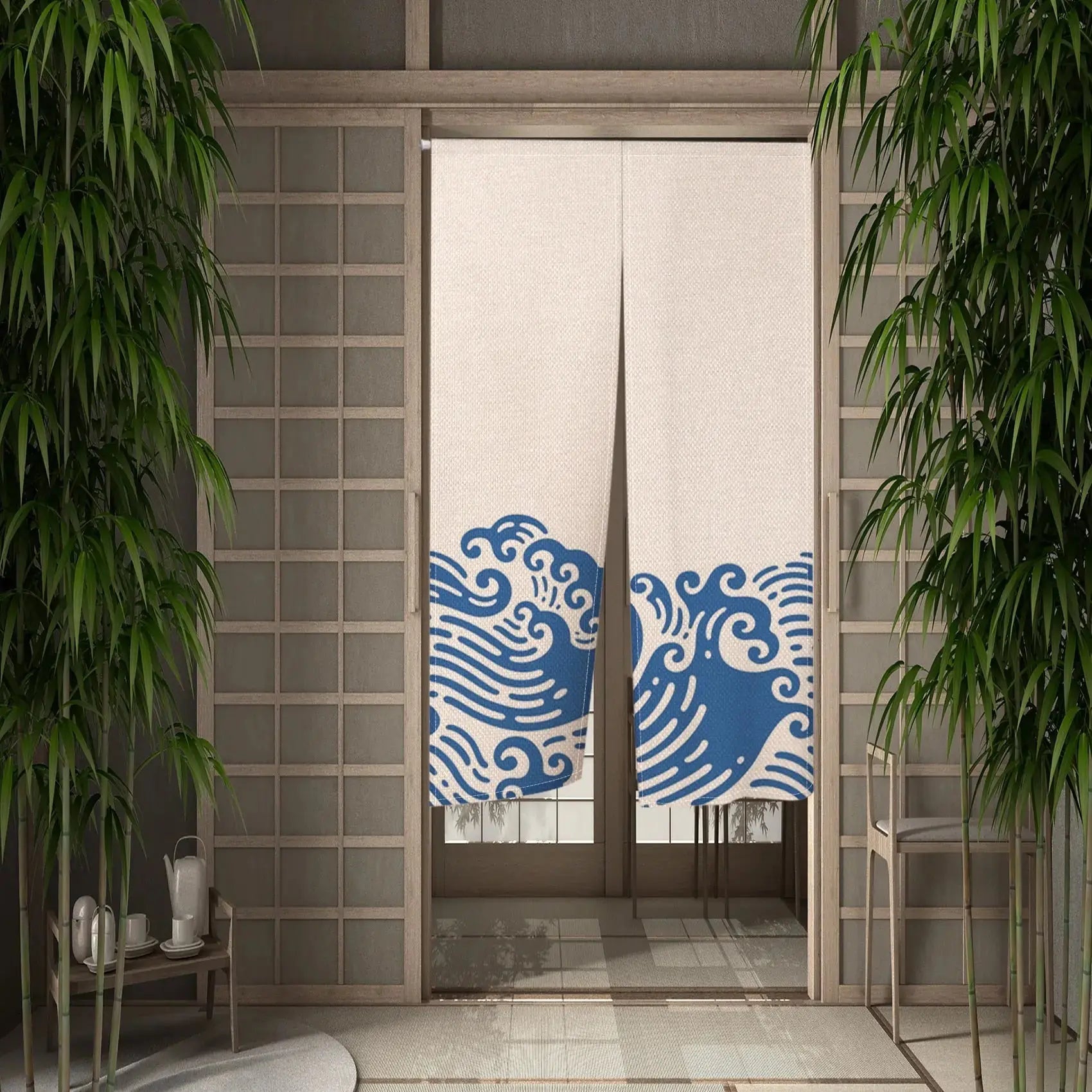 Noren japonais Tsubomi à vagues bleues concentrées en frise basse sur fond blanc-crème — vue principale tendue à plat — Japan