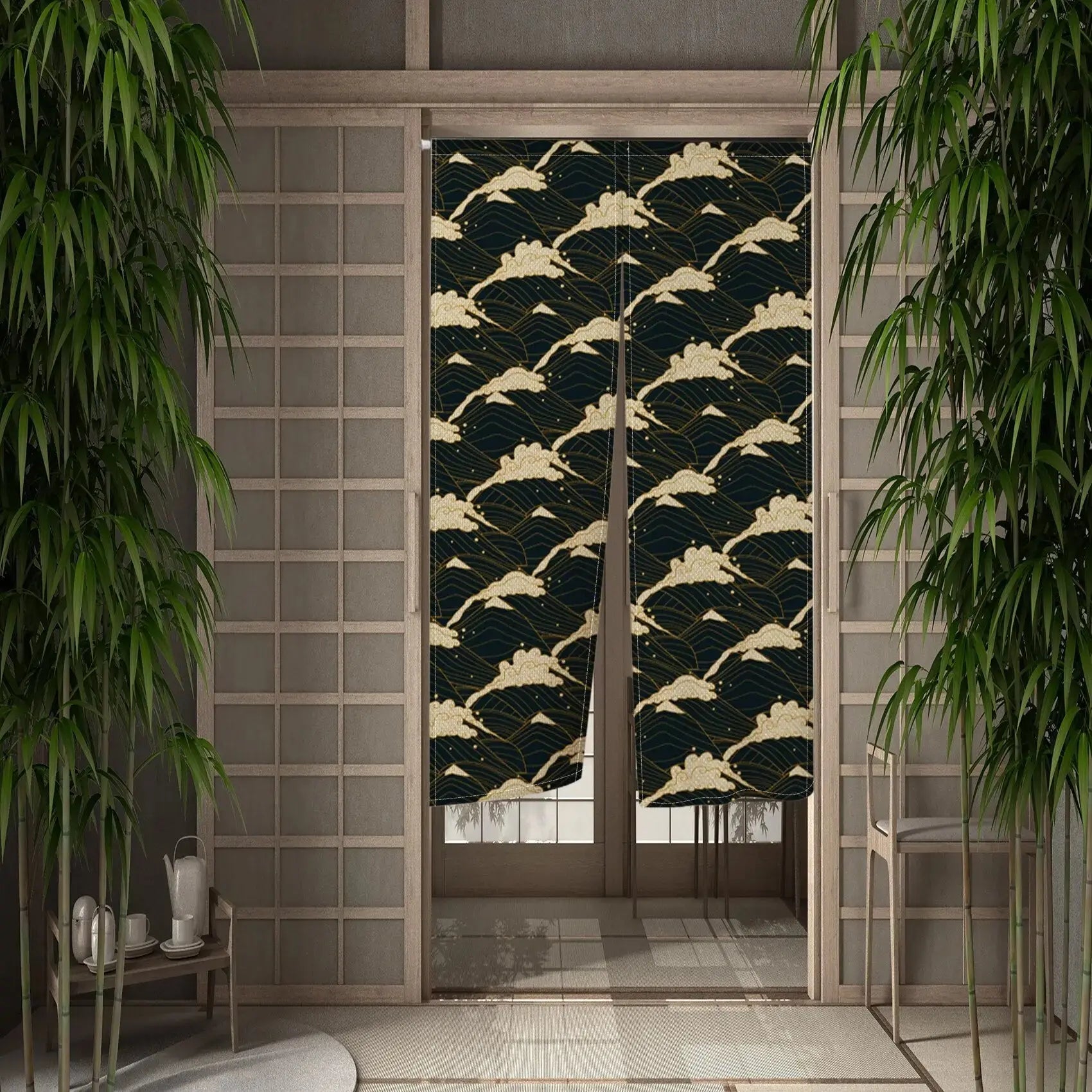 Noren japonais Tsuchi à montagnes dorées et courants blancs sur fond noir — vue principale tendue à plat — Japanstreet