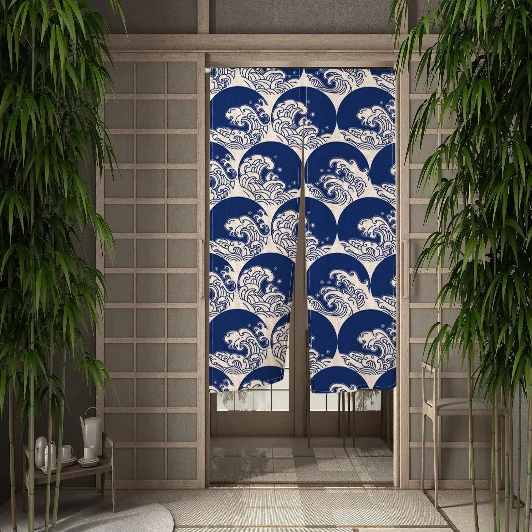 Noren japonais Yasumi à disques marine remplis de vagues blanches en médaillons sur beige — vue principale tendue à plat — Ja