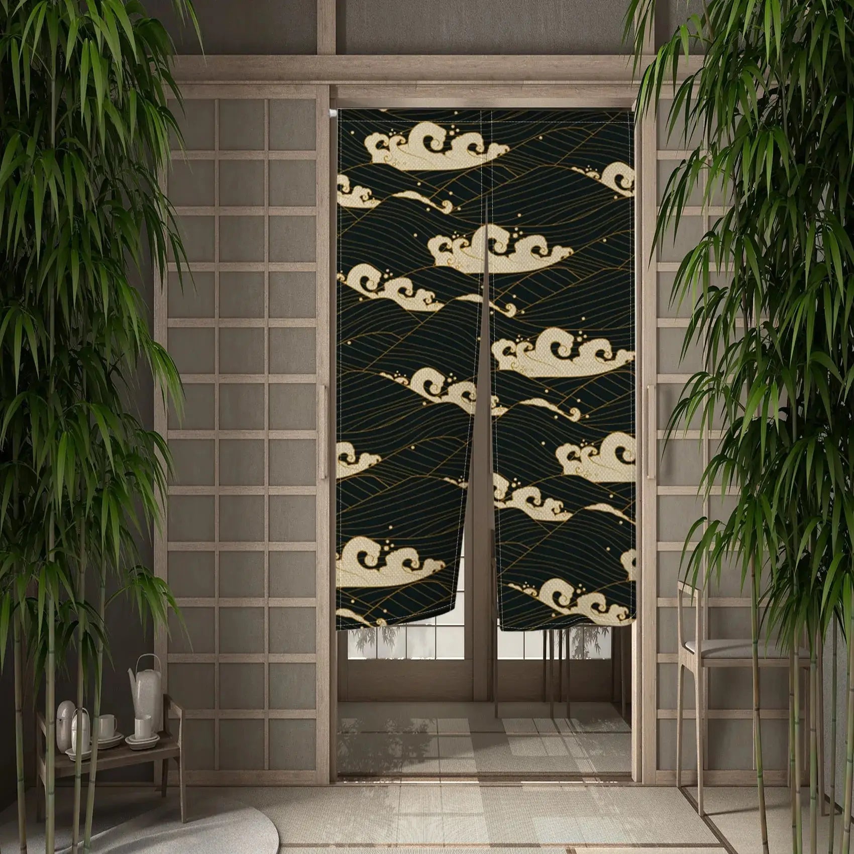 Noren japonais Yoru à vagues dorées et blanches sur fond noir profond — vue principale tendue à plat — Japanstreet