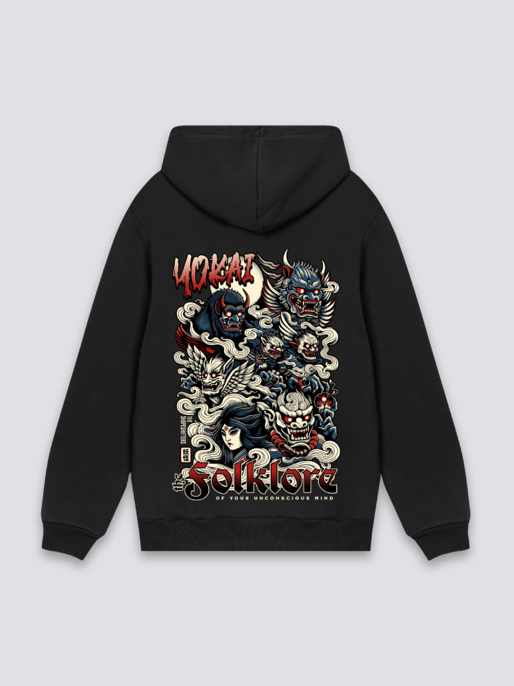 Sweat folklore japonais noir, vue dos : créatures yokai dans une forêt mystérieuse, style streetwear japonais - Japanstreet