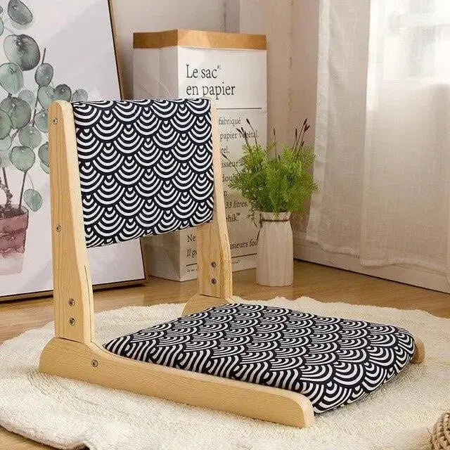 Zaisu Tohuda Bahashi chaise de sol structure bois clair coussin motif seigaiha marine — vue principale du produit — Japanstre