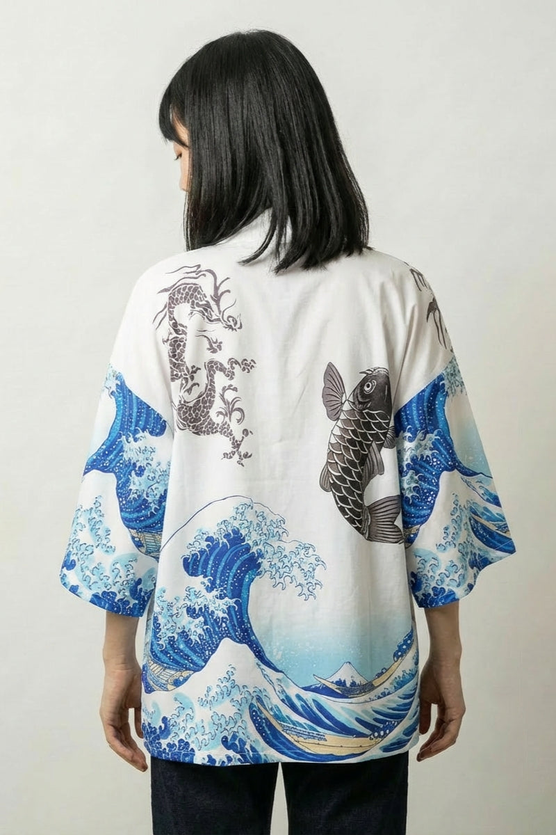 Blouse kimono femme Kanagawa blanche vue dos vague Hokusai carpe koï streetwear japonais Japanstreet