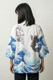 Blouse kimono femme Kanagawa blanche vue dos vague Hokusai carpe koï streetwear japonais Japanstreet
