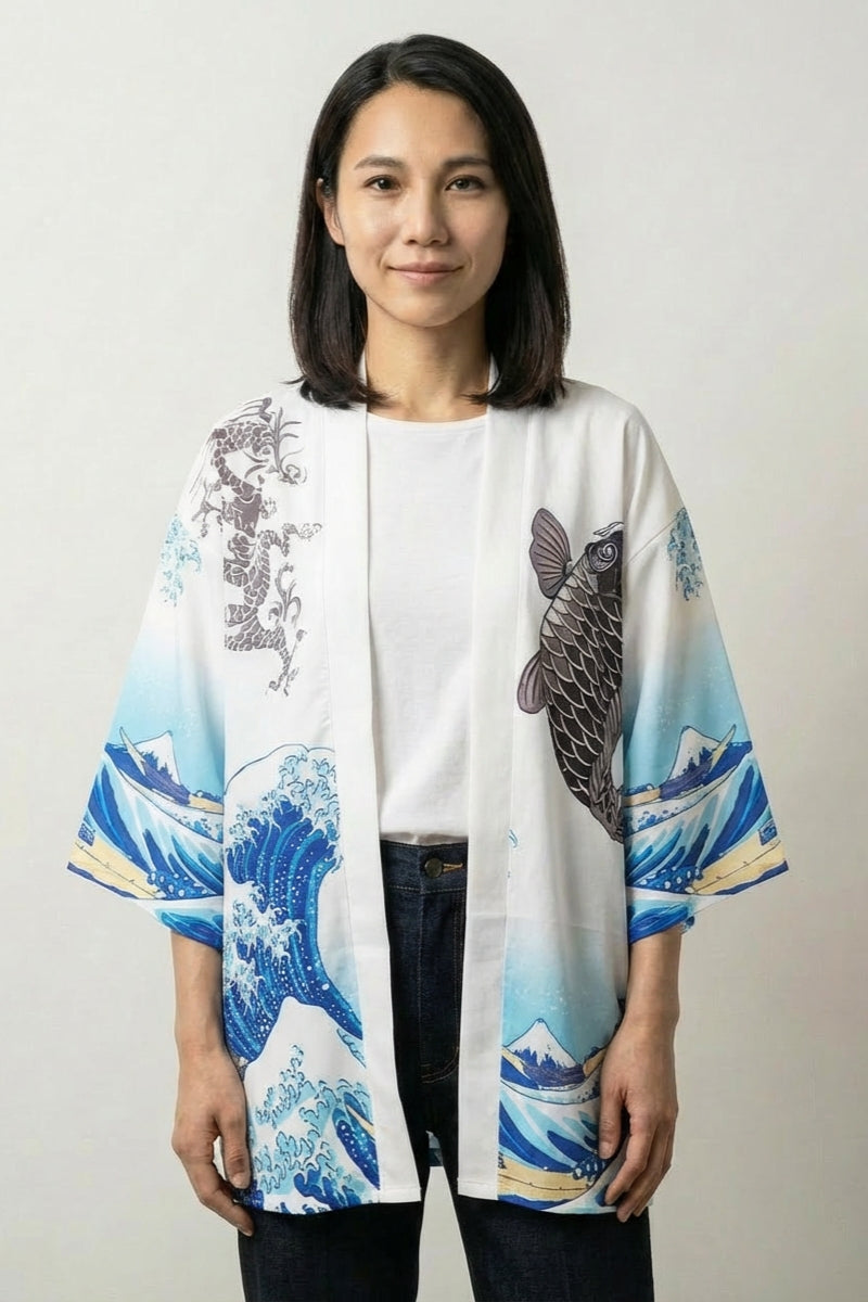 Blouse kimono femme Kanagawa blanche haori motif grande vague Hokusai dragon carpe koï manches trois-quarts streetwear japonais Japanstreet