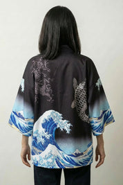 Blouse kimono femme Kanagawa noire vue dos vague Hokusai carpe koï streetwear japonais Japanstreet