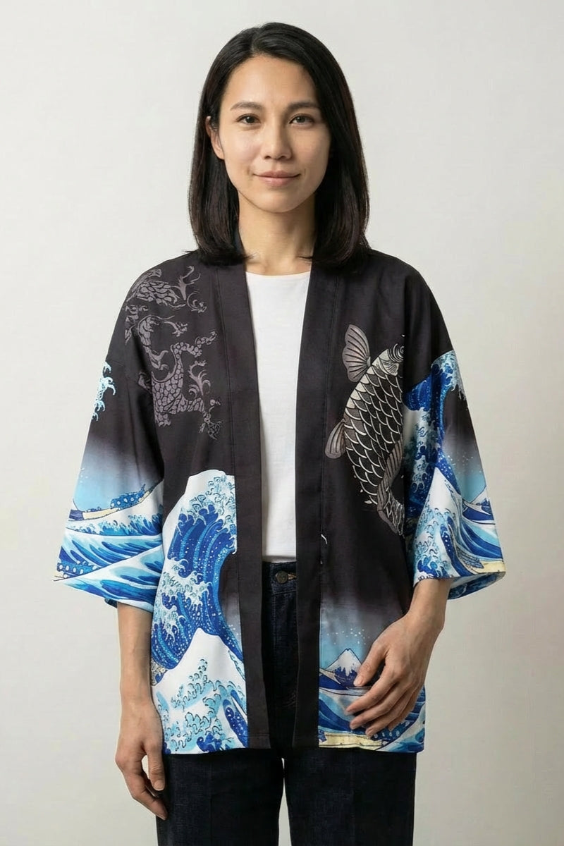 Blouse kimono femme Kanagawa noire haori motif grande vague Hokusai dragon carpe koï manches trois-quarts streetwear japonais Japanstreet
