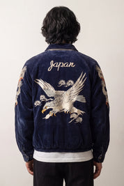 Bomber en suédine bleu profond brodé d'un dragon japonais