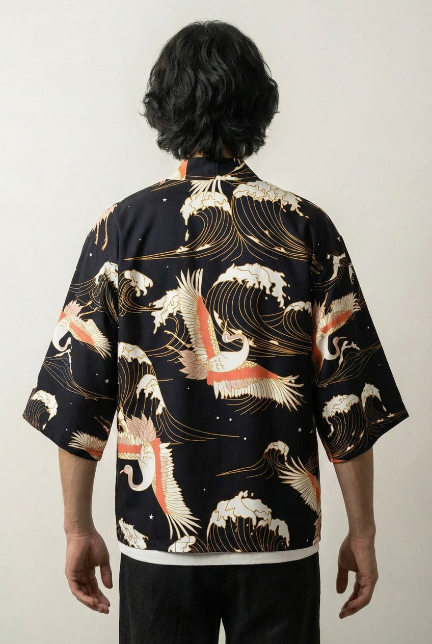 Cardigan haori Yokohama vue de dos vagues stylisées et grues volantes motif Edo japonais Japanstreet