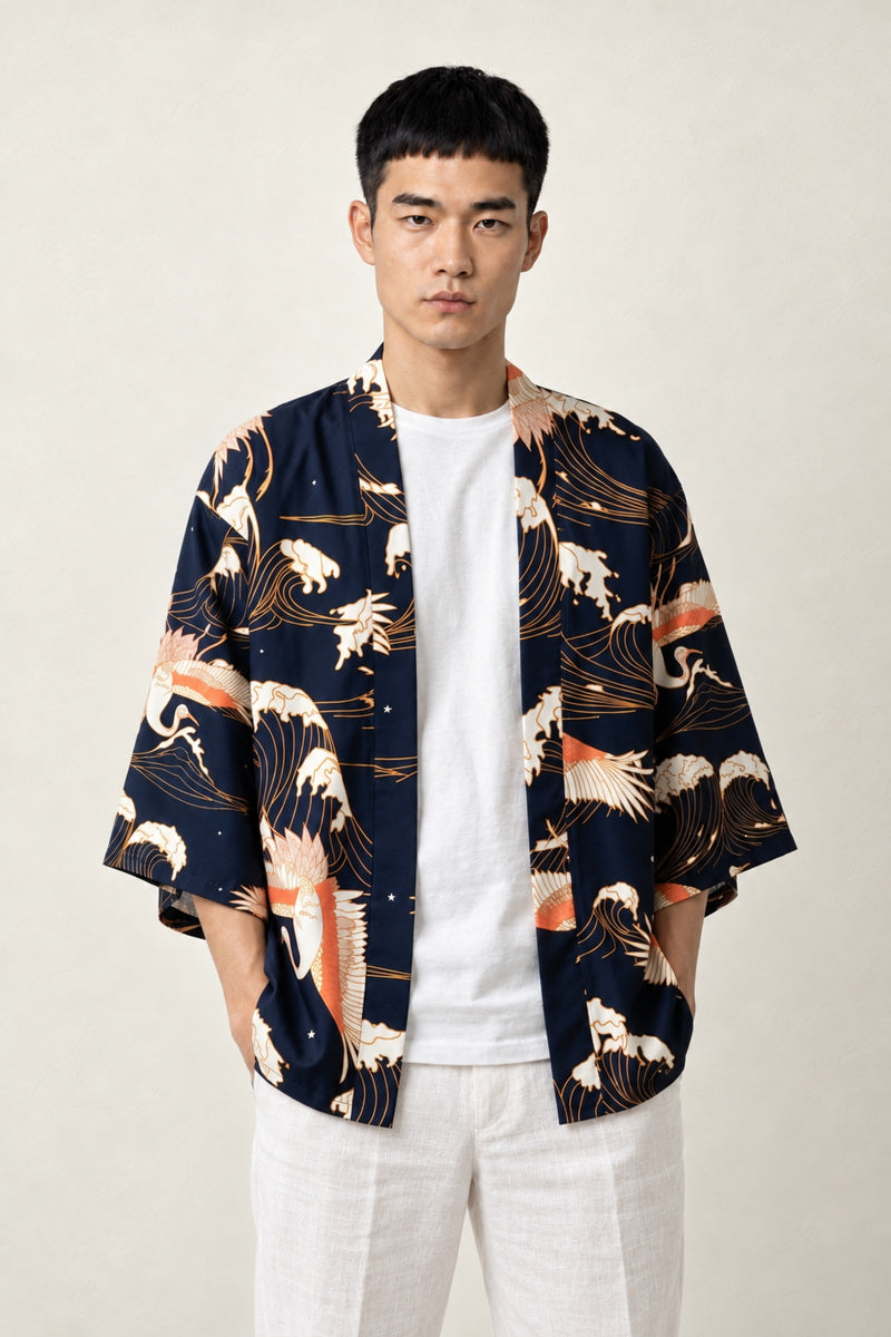 Cardigan Haori Yokohama porté par un homme, vue de face.