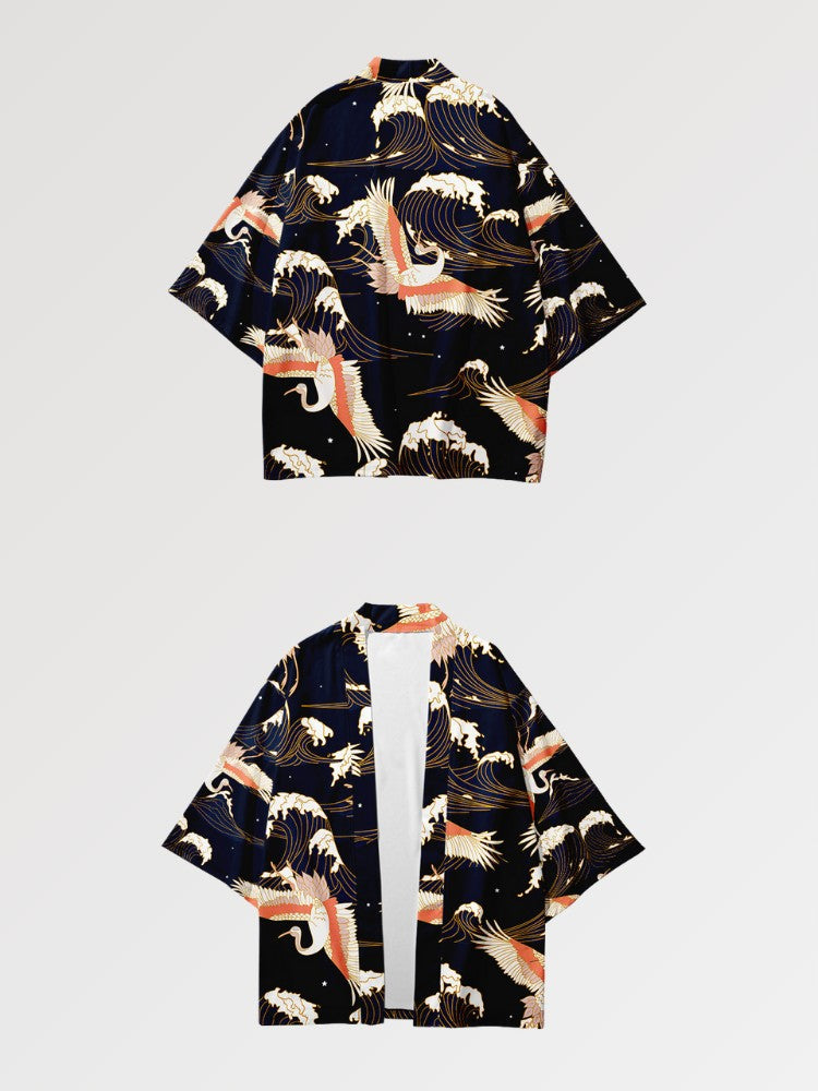 Cardigan haori Yokohama motif marin vagues grues style estampe japonaise Japanstreet