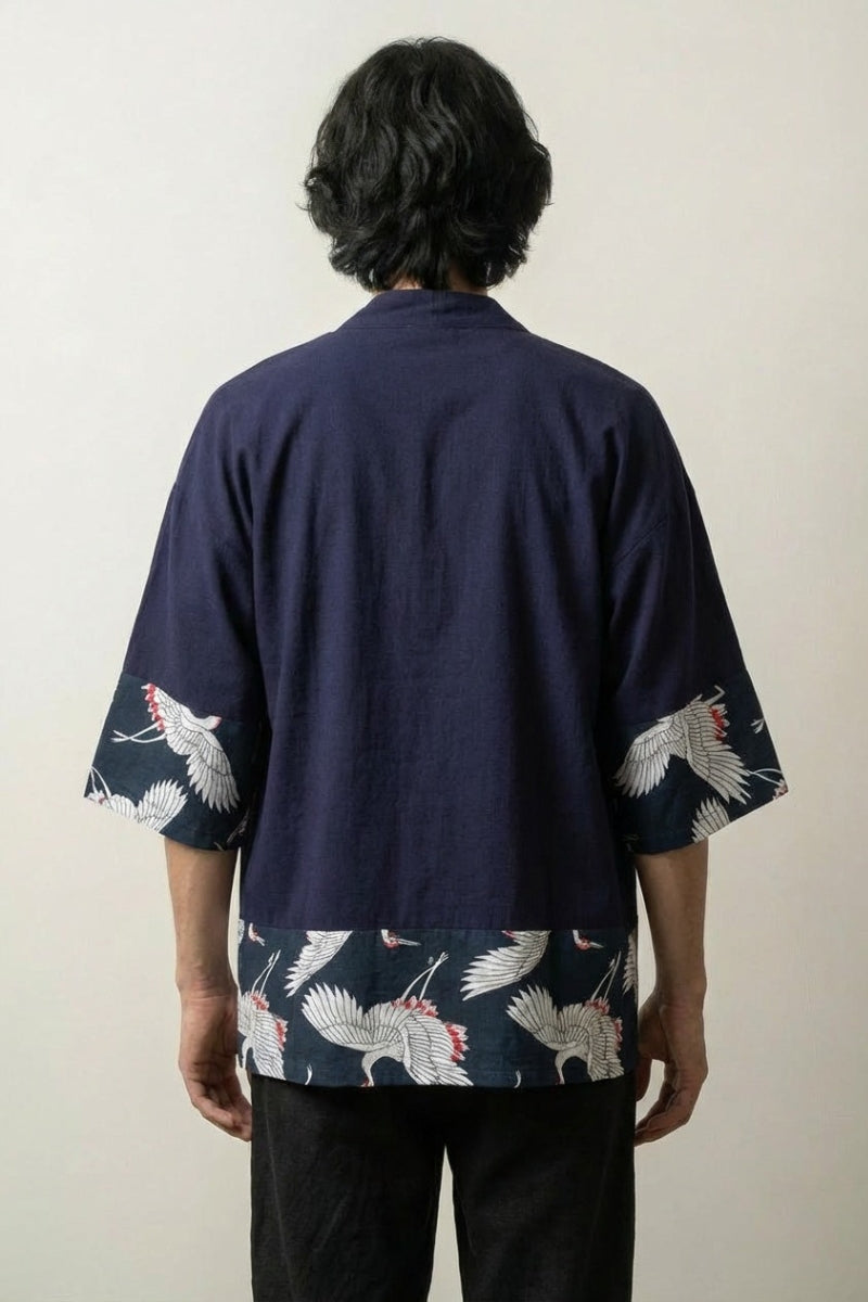 Cardigan style kimono homme Hisashi bleu marine vue dos empiècements grues tsuru streetwear japonais Japanstreet