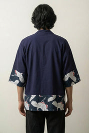 Cardigan style kimono homme Hisashi bleu marine vue dos empiècements grues tsuru streetwear japonais Japanstreet