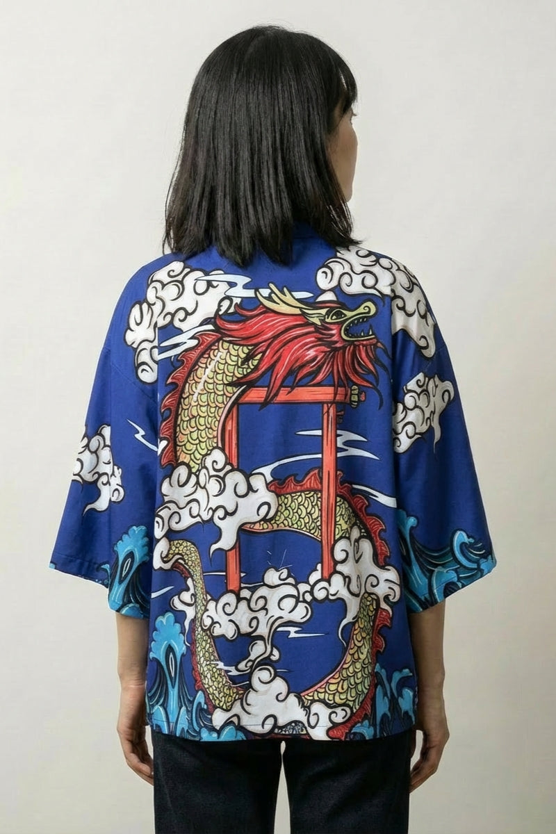 Cardigan style kimono Saori bleu vue dos dragon ryu torii streetwear japonais Japanstreet