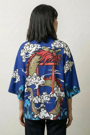 Cardigan style kimono Saori bleu vue dos dragon ryu torii streetwear japonais Japanstreet