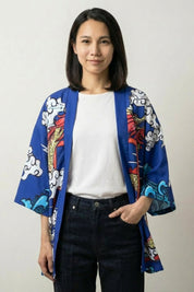 Cardigan style kimono Saori bleu haori motif dragon ryu torii rouge vagues carpe koï manches trois-quarts streetwear japonais Japanstreet