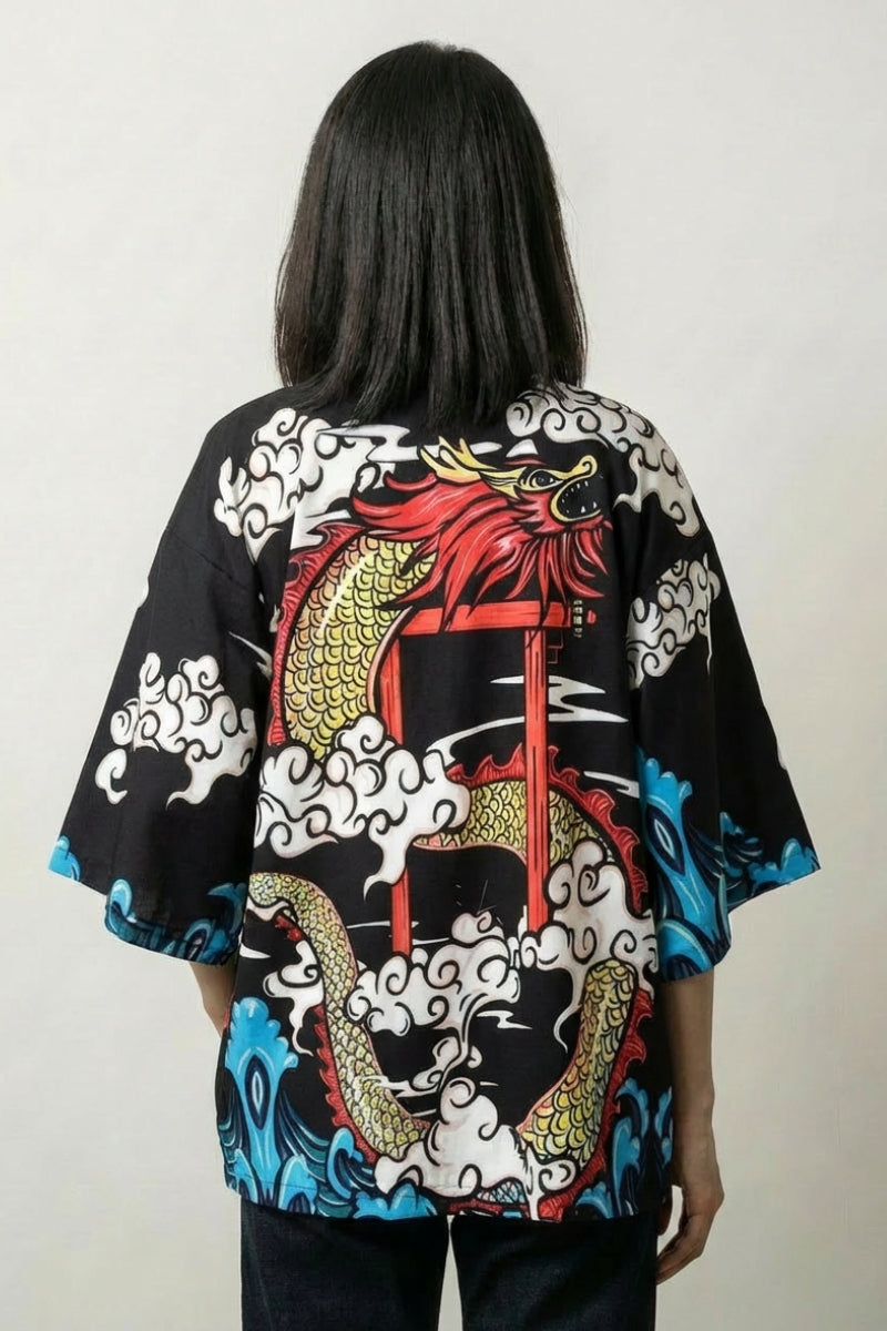 Cardigan style kimono Saori noir vue dos dragon ryu torii streetwear japonais Japanstreet