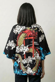Cardigan style kimono Saori noir vue dos dragon ryu torii streetwear japonais Japanstreet