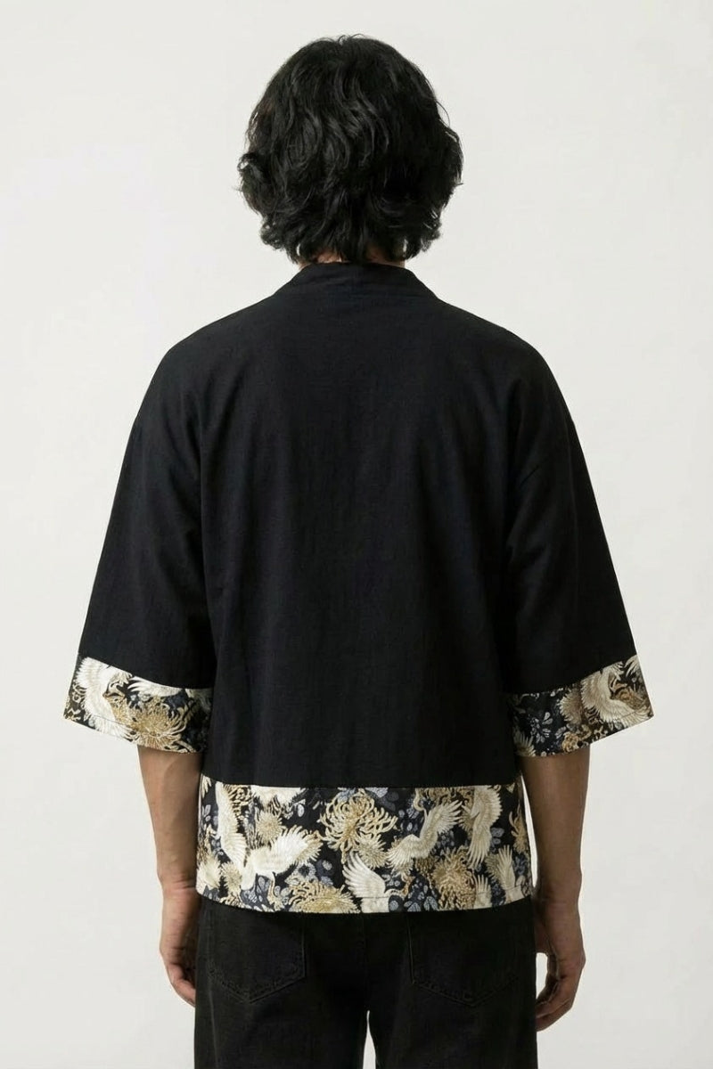Chemise style kimono homme Arata noire vue dos empiècements chrysanthème floral streetwear japonais Japanstreet