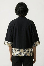 Chemise style kimono homme Arata noire vue dos empiècements chrysanthème floral streetwear japonais Japanstreet