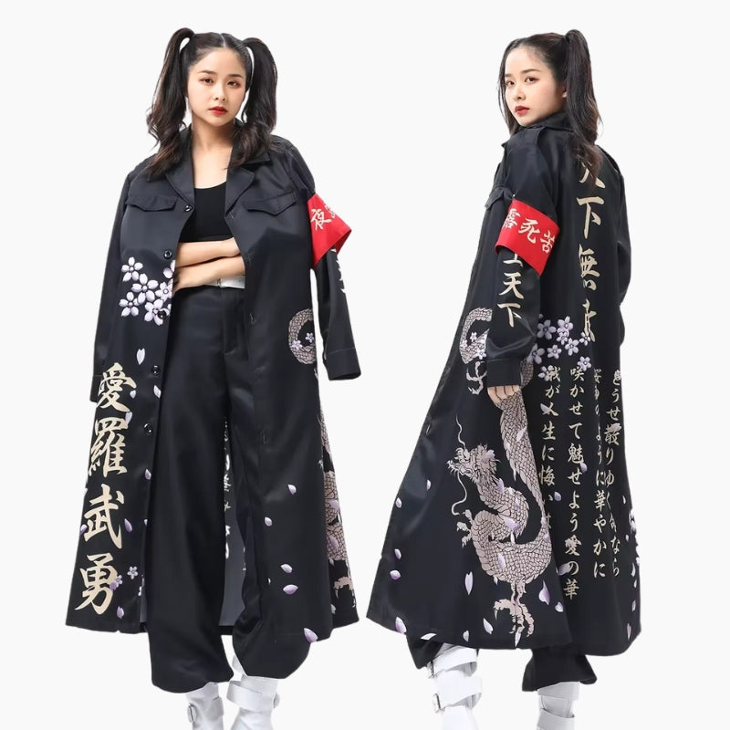 Cosplay 'Kuro Ryu' – Tenue Japonaise noire dragon calligraphies blanches
