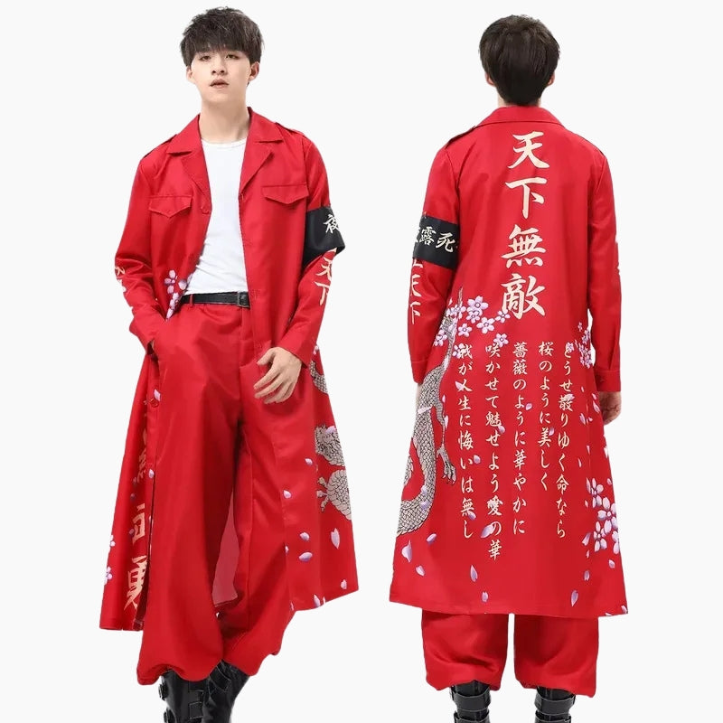 Cosplay 'Red Oni' – Tenue Japonaise rouge dragon calligraphies blanches