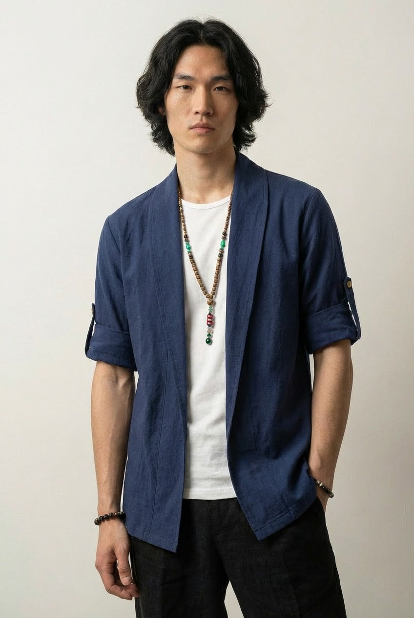 Costume kimono homme Shigeru bleu marine long col châle coupe ajustée manches longues style streetwear japonais Japanstreet
