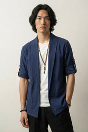 Costume kimono homme Shigeru bleu marine long col châle coupe ajustée manches longues style streetwear japonais Japanstreet