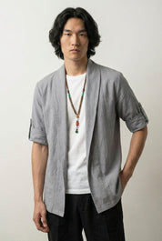 Costume kimono homme Shigeru gris long col châle coupe ajustée manches longues style streetwear japonais Japanstreet