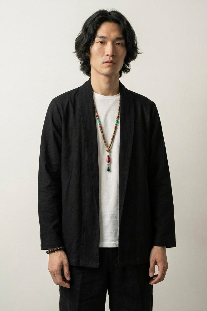 Costume kimono homme Shigeru noir long col châle coupe ajustée manches longues style streetwear japonais Japanstreet
