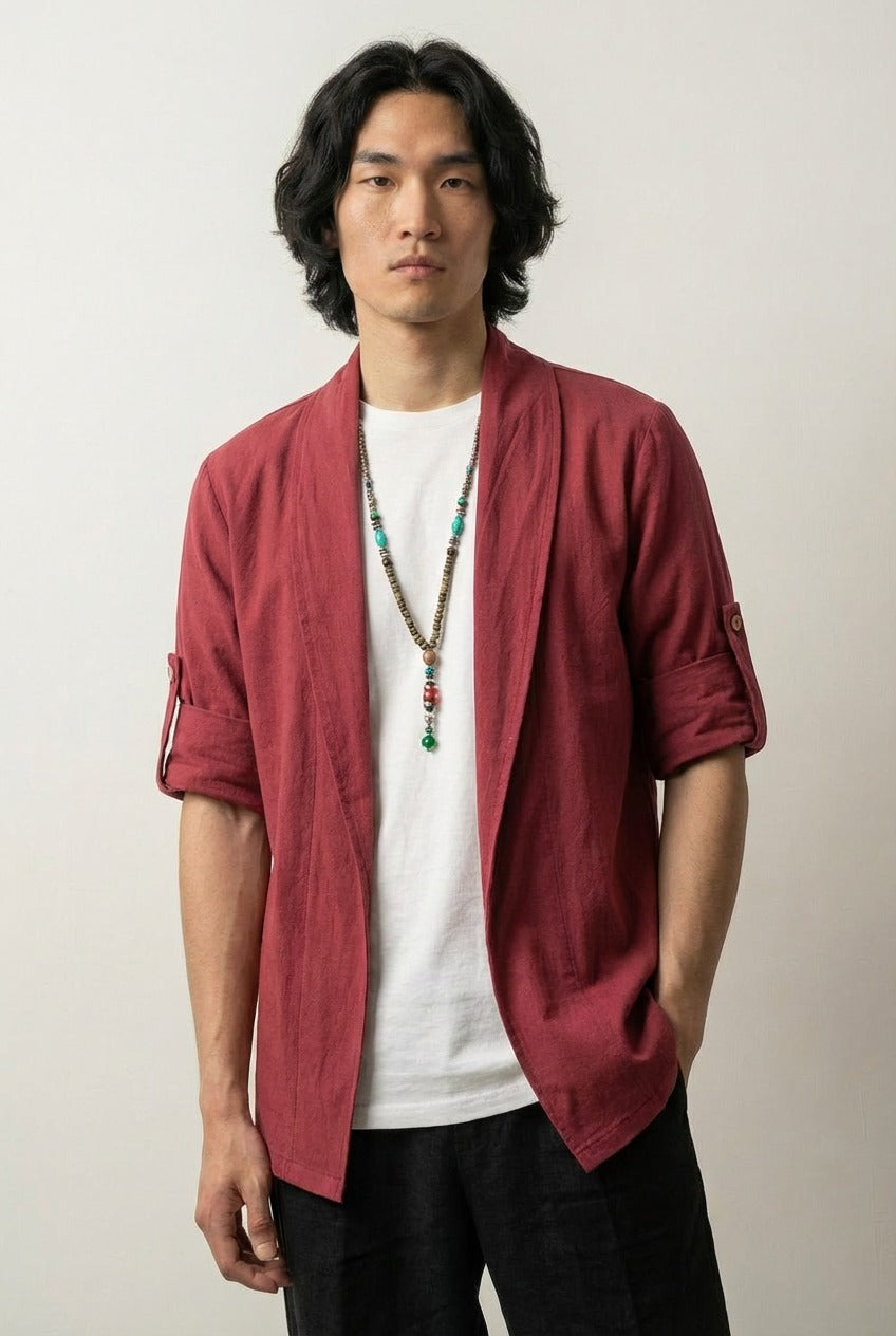 Costume kimono homme Shigeru rouge long col châle coupe ajustée manches longues style streetwear japonais Japanstreet