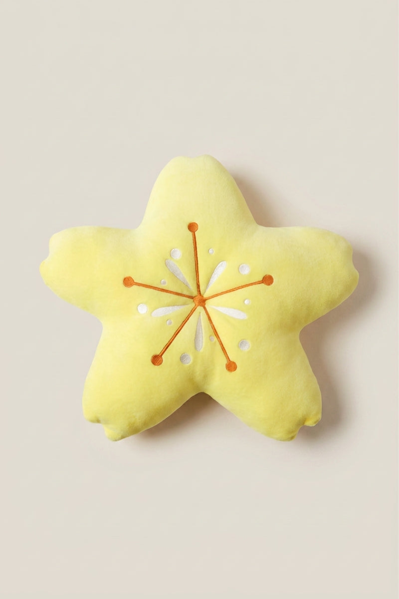 Coussin japonais 'Shuka' coloris jaune vif — coussin en peluche en forme d'étoile de mer à cinq branches, coutures rayonnantes brodées