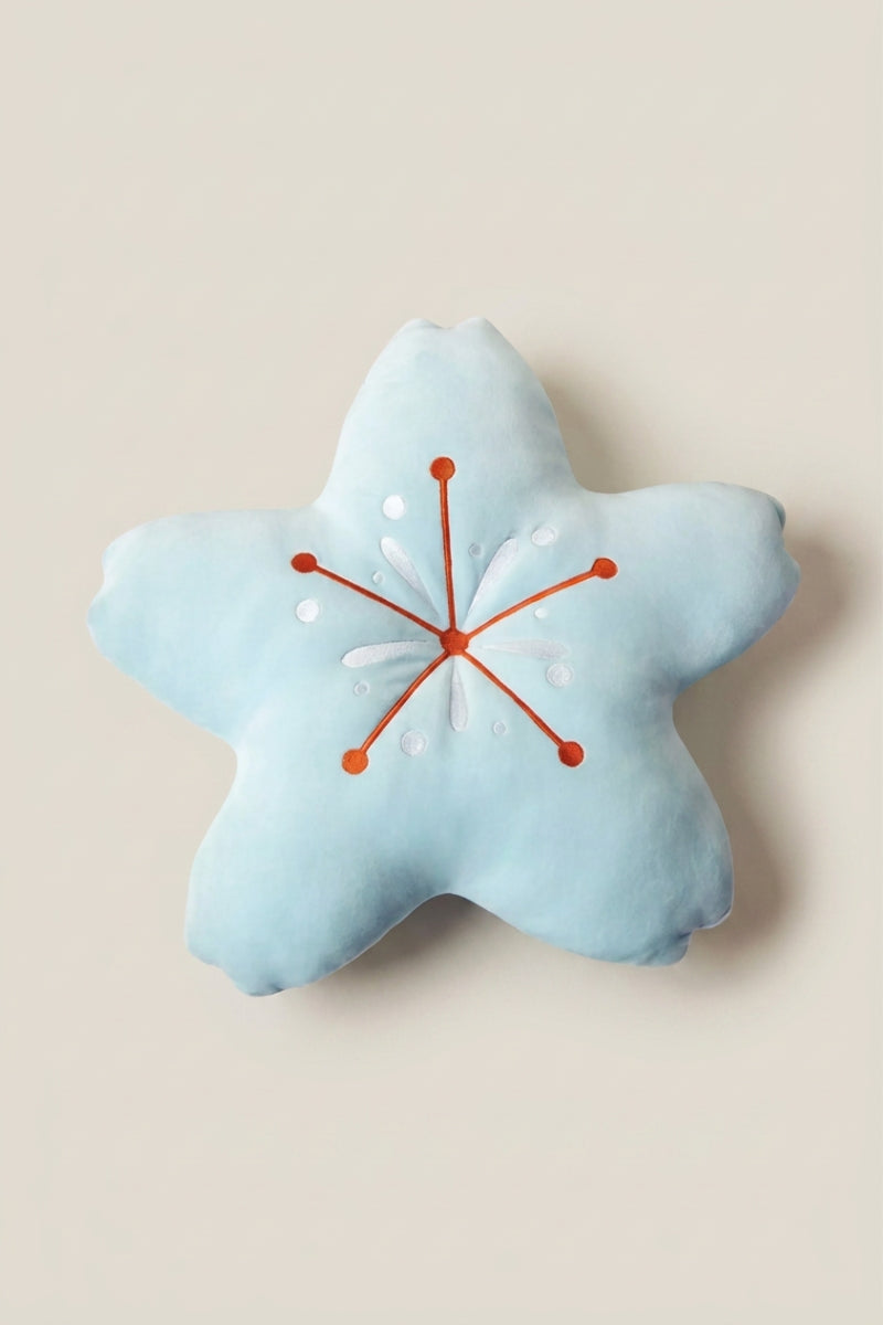 Coussin japonais 'Shuka' coloris bleu turquoise — coussin en peluche en forme d'étoile de mer à cinq branches, coutures rayonnantes brodées