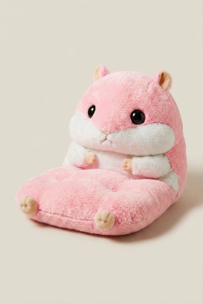 Coussin japonais 'Hamusuta' pelage rose pâle et ventre blanc — fauteuil de sol enfant en peluche en forme de hamster, dossier tête et assise pattes
