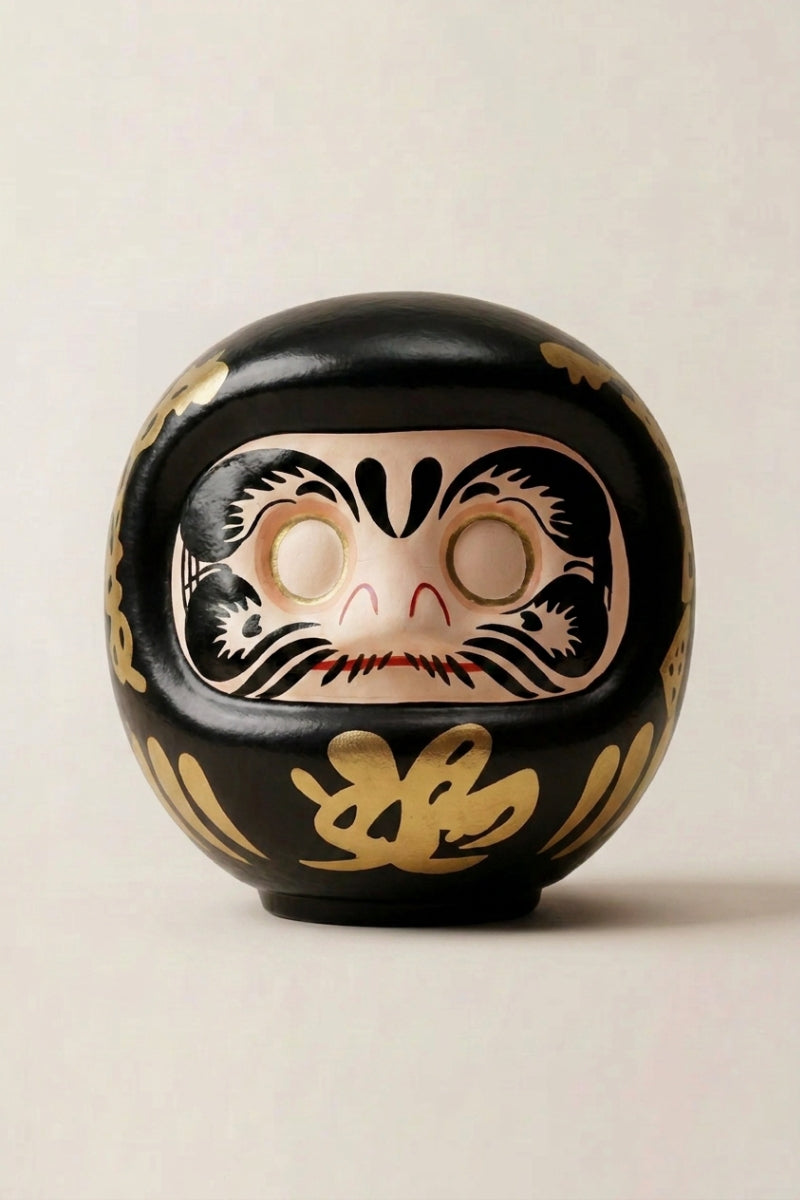 Daruma noir en céramique posé sur fond beige — figurine ronde de 11 cm au kanji 黒, yeux vierges pour le rite du vœu