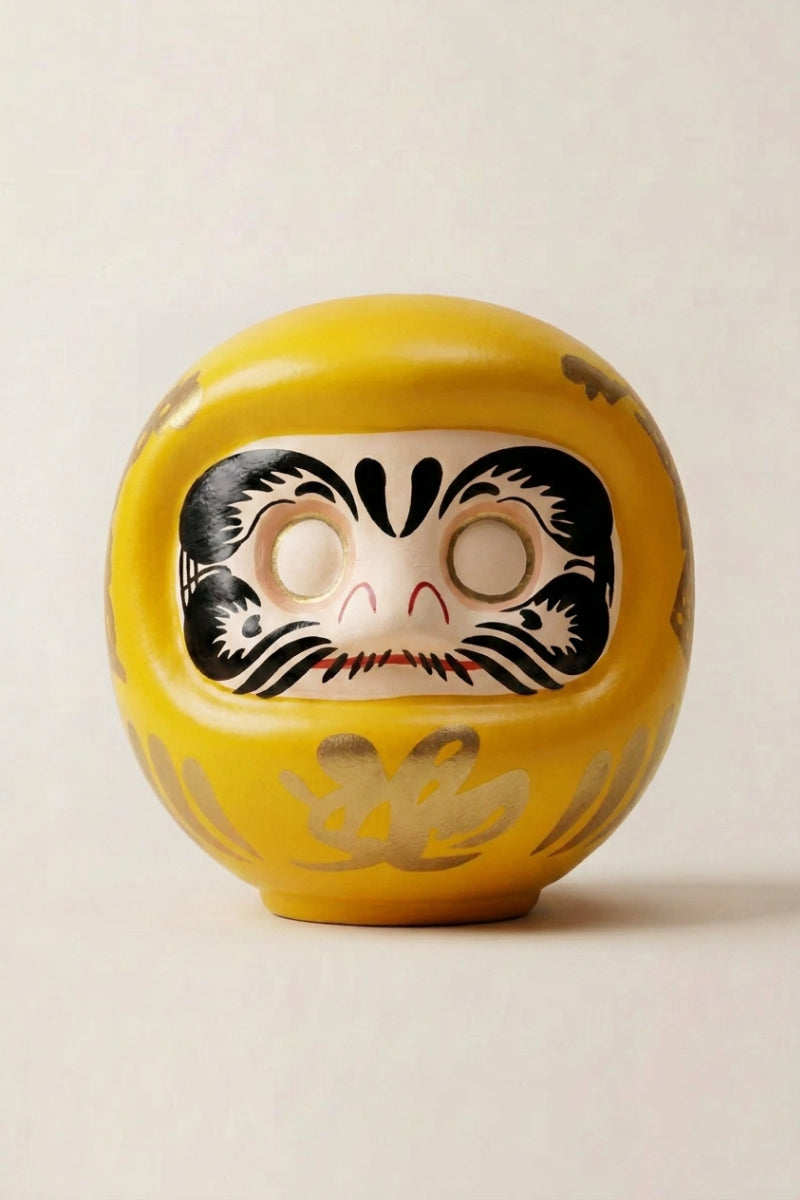 Daruma doré en céramique posé sur fond beige — figurine ronde de 11 cm au kanji 福, yeux vierges pour le rite du vœu