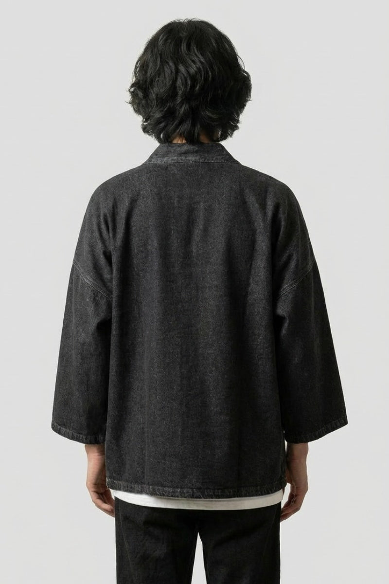 Denim kimono jacket Kazuko denim noir vue dos coton délavé poches plaquées streetwear japonais Japanstreet