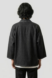 Denim kimono jacket Kazuko denim noir vue dos coton délavé poches plaquées streetwear japonais Japanstreet