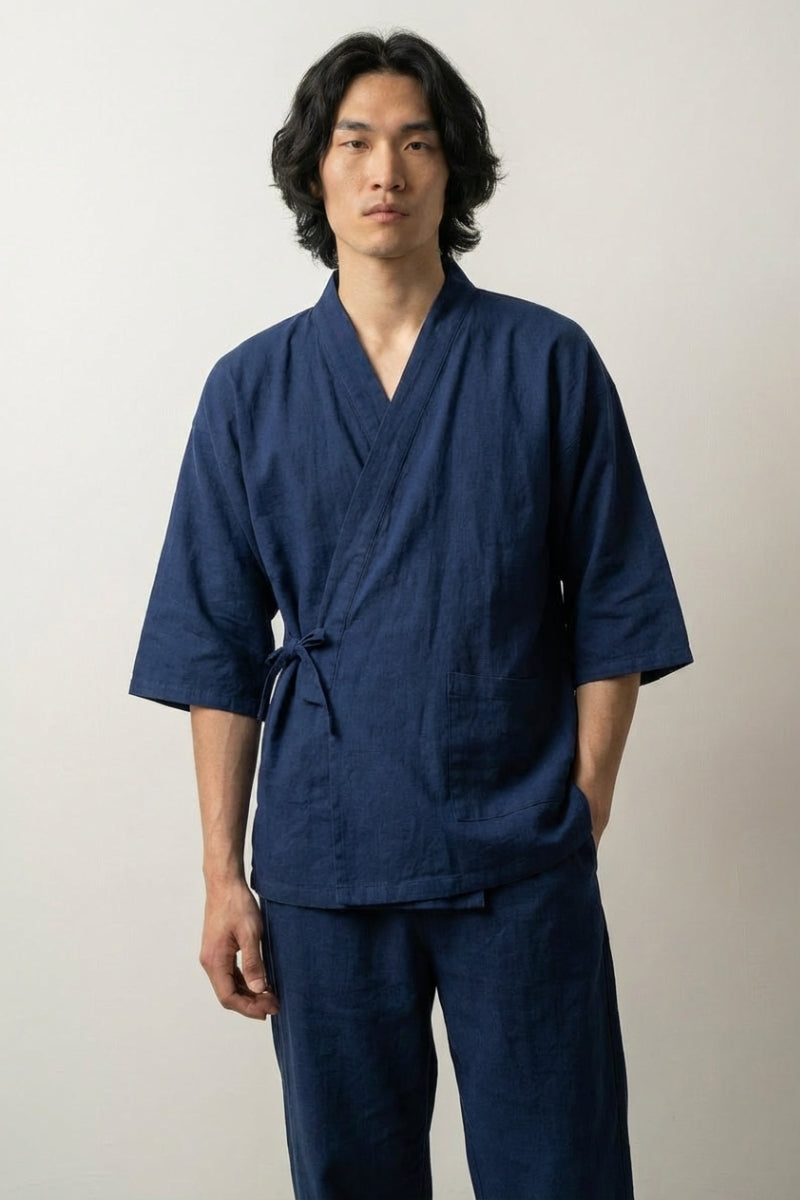 Ensemble jinbei japonais Seikon lin bleu marine kon coupe épurée croisé devant manches trois-quarts pantalon cheville style streetwear japonais Japanstreet