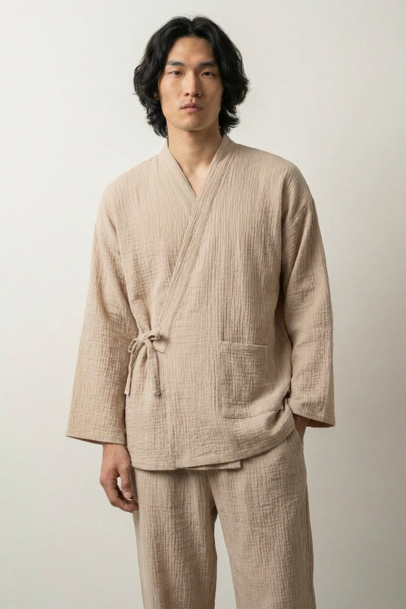 Ensemble pyjama japonais Kinuho blanc kinari gaze coton coupe samue croisé devant manches trois-quarts pantalon cheville style streetwear japonais Japanstreet
