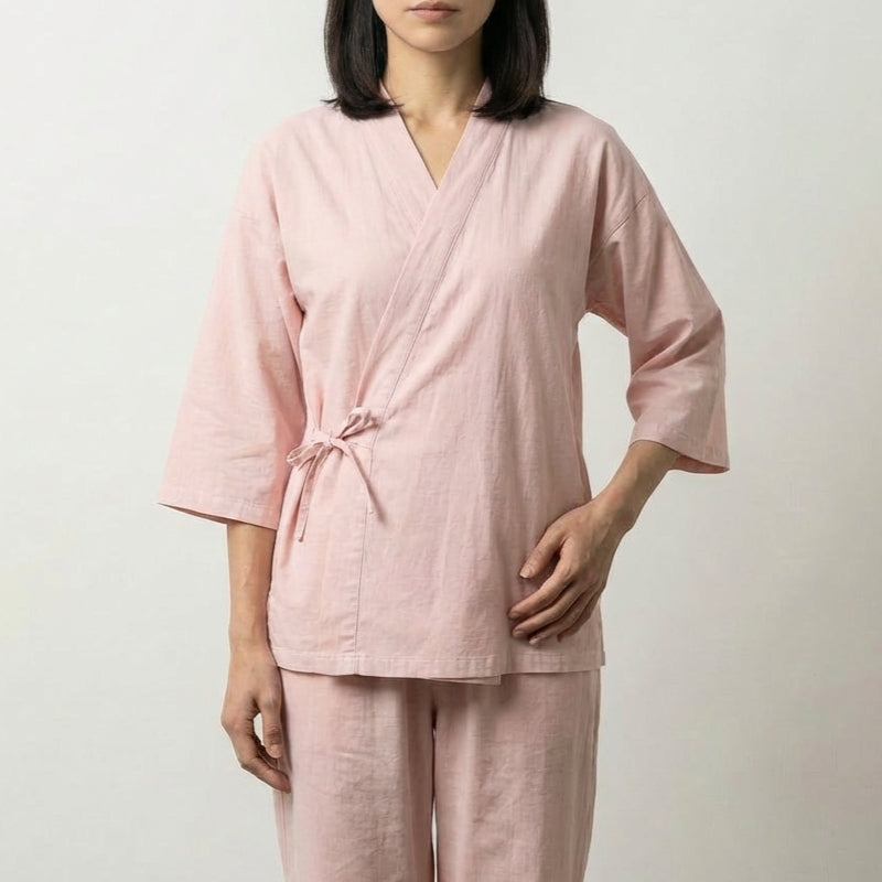 Ensemble pyjama japonais rose Sakuyu coton coupe samue cache-cœur col V manches trois-quarts pantalon droit Japanstreet