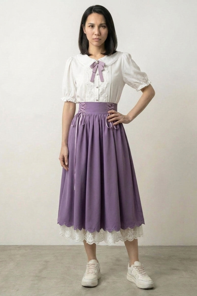 Ensemble robe japonaise lavande Sumireha col Claudine dentelle haut crème nœud mauve jupe fujiiro corset laçage taille haute ourlet festonné Japanstreet